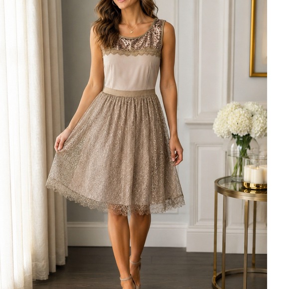 Pinky Dresses & Skirts - Pinky Womens Gold Sequin Lace Mesh L Fit Flare Party Dress Cream Bronze NWT